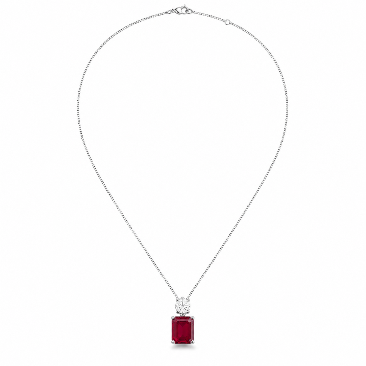 Red Lab-Grown Gemstone Pendant Necklace, Silver Chain
