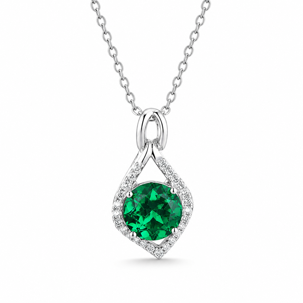Green Lab-Grown Gemstone Pendant Necklace, Silver Chain