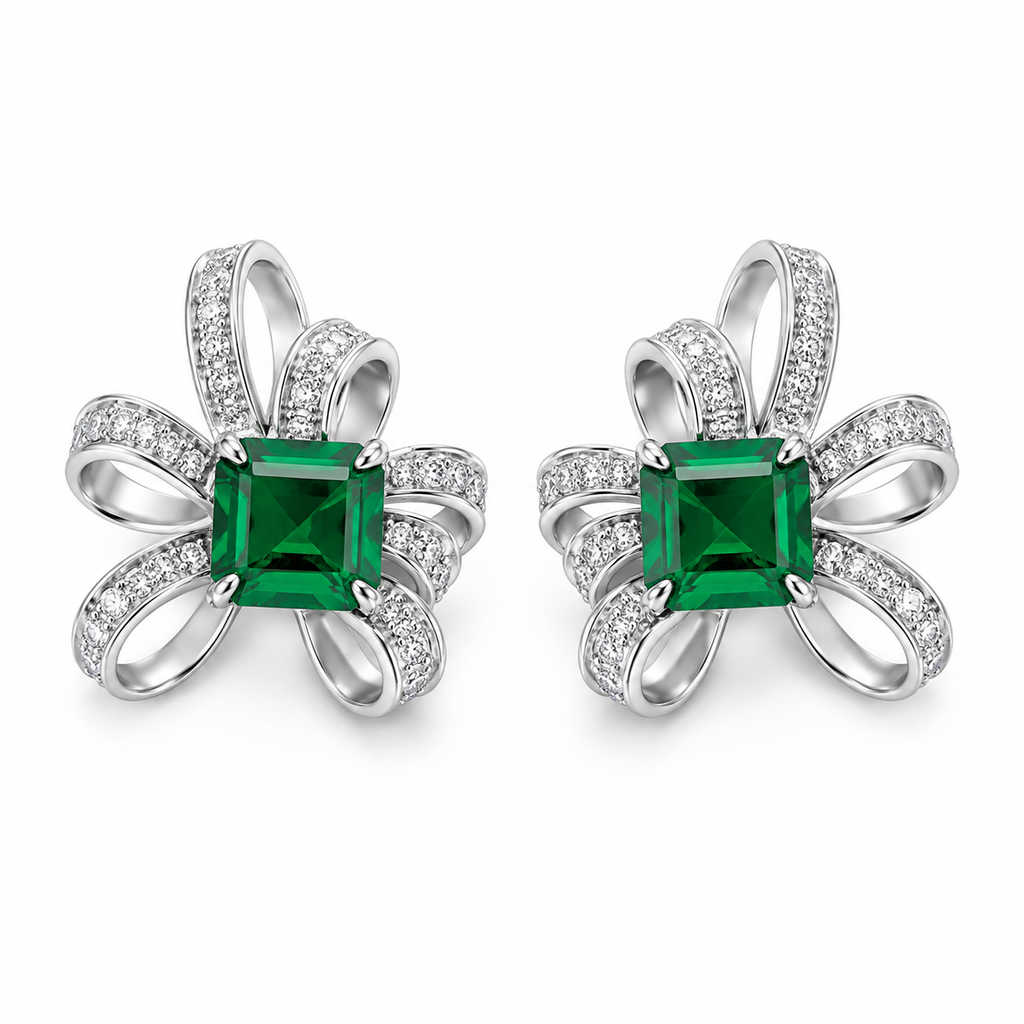 Square Emerald Ribbon Stud Earrings, 925 Sterling Silver Band