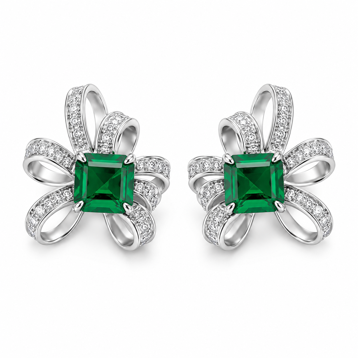Square Emerald Ribbon Stud Earrings, 925 Sterling Silver Band