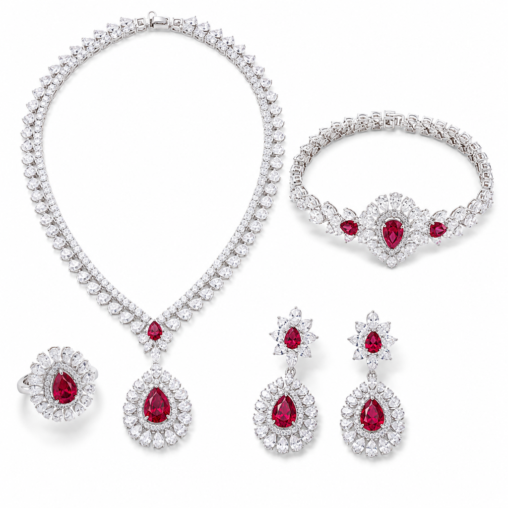 Pear Shape Ruby Gemstone Jewelry Suite, 925 Sterling Silver