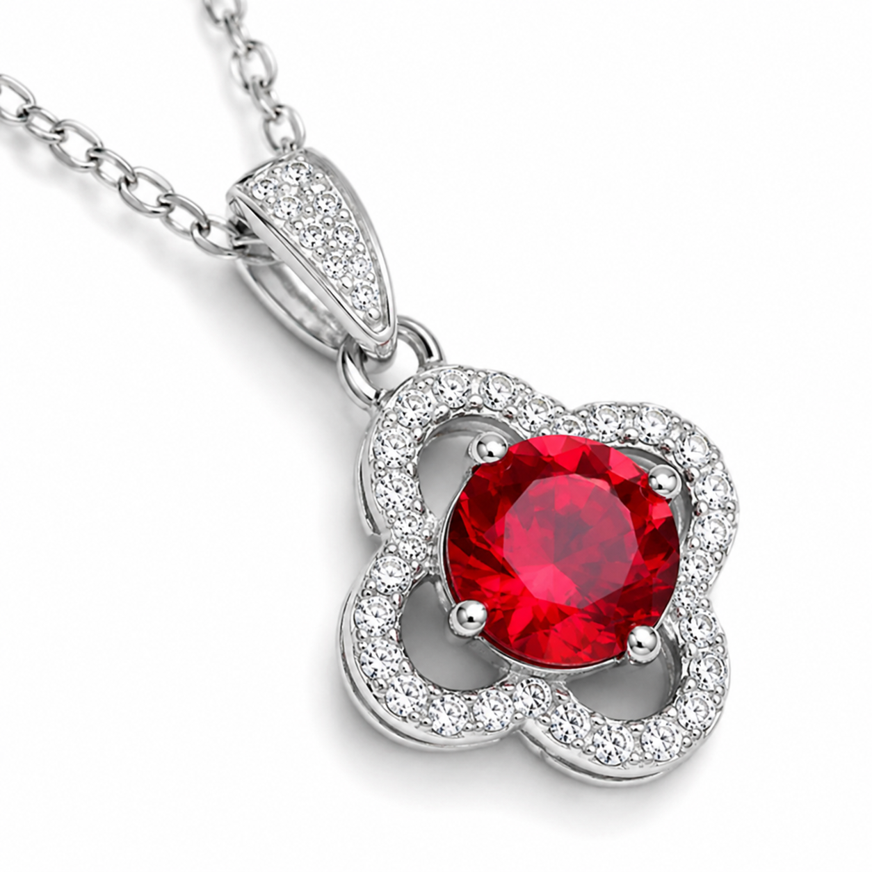 Red Lab-Grown Gemstone Pendant Necklace, Silver Chain