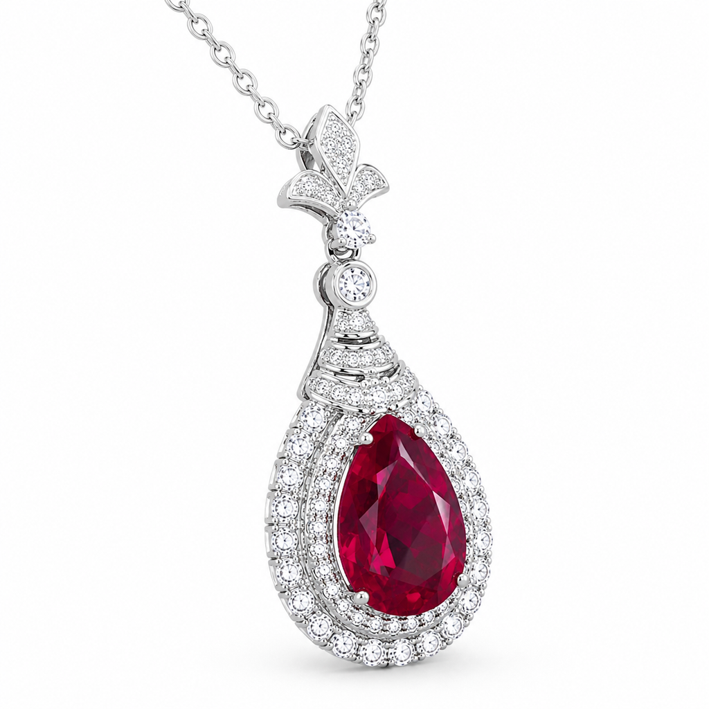 Red Lab-Grown Gemstone Pendant Necklace, Silver Chain