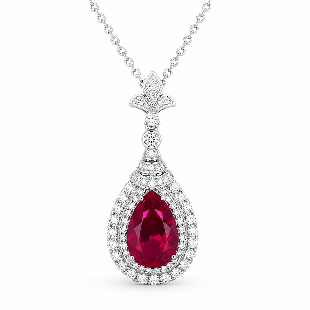Red Lab-Grown Gemstone Pendant Necklace, Silver Chain