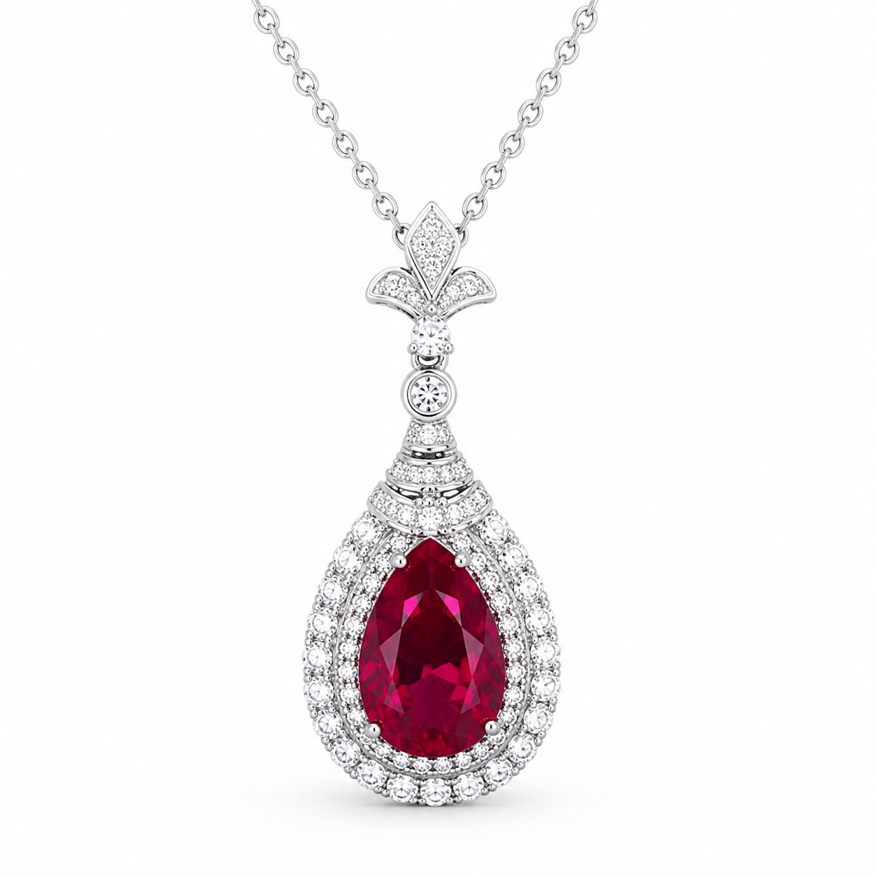 Red Lab-Grown Gemstone Pendant Necklace, Silver Chain