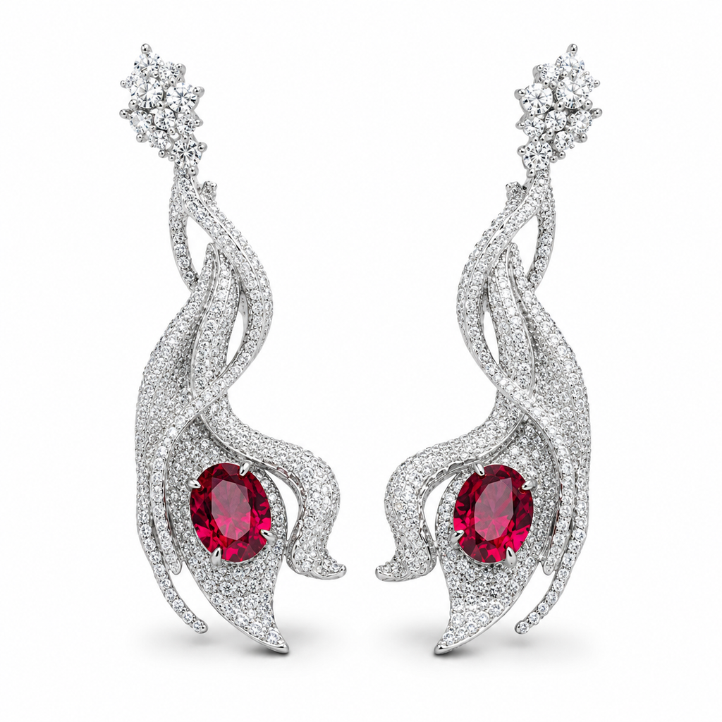 Oval Ruby Long Dangle Earrings, 925 Sterling Silver Band