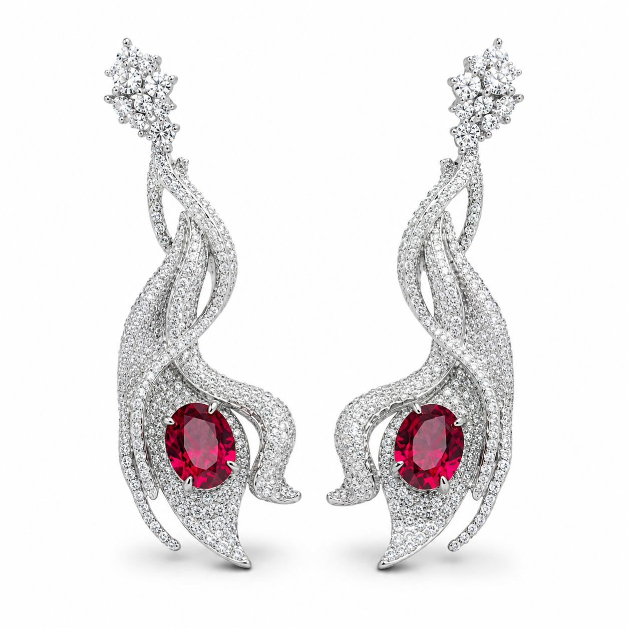 Oval Ruby Long Dangle Earrings, 925 Sterling Silver Band