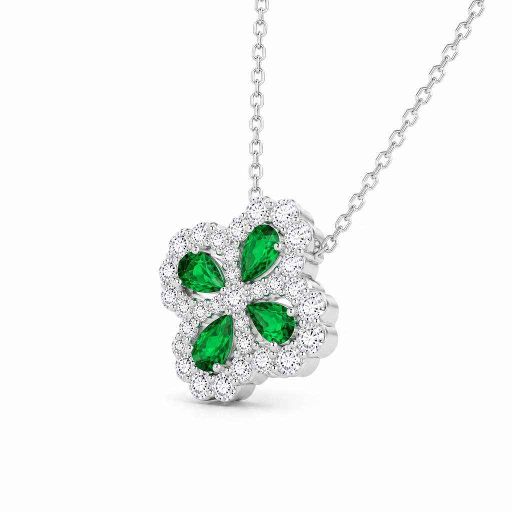 Green Lab-Grown Gemstone Four-Leaf Clover Pendant Necklace, Silver Chain