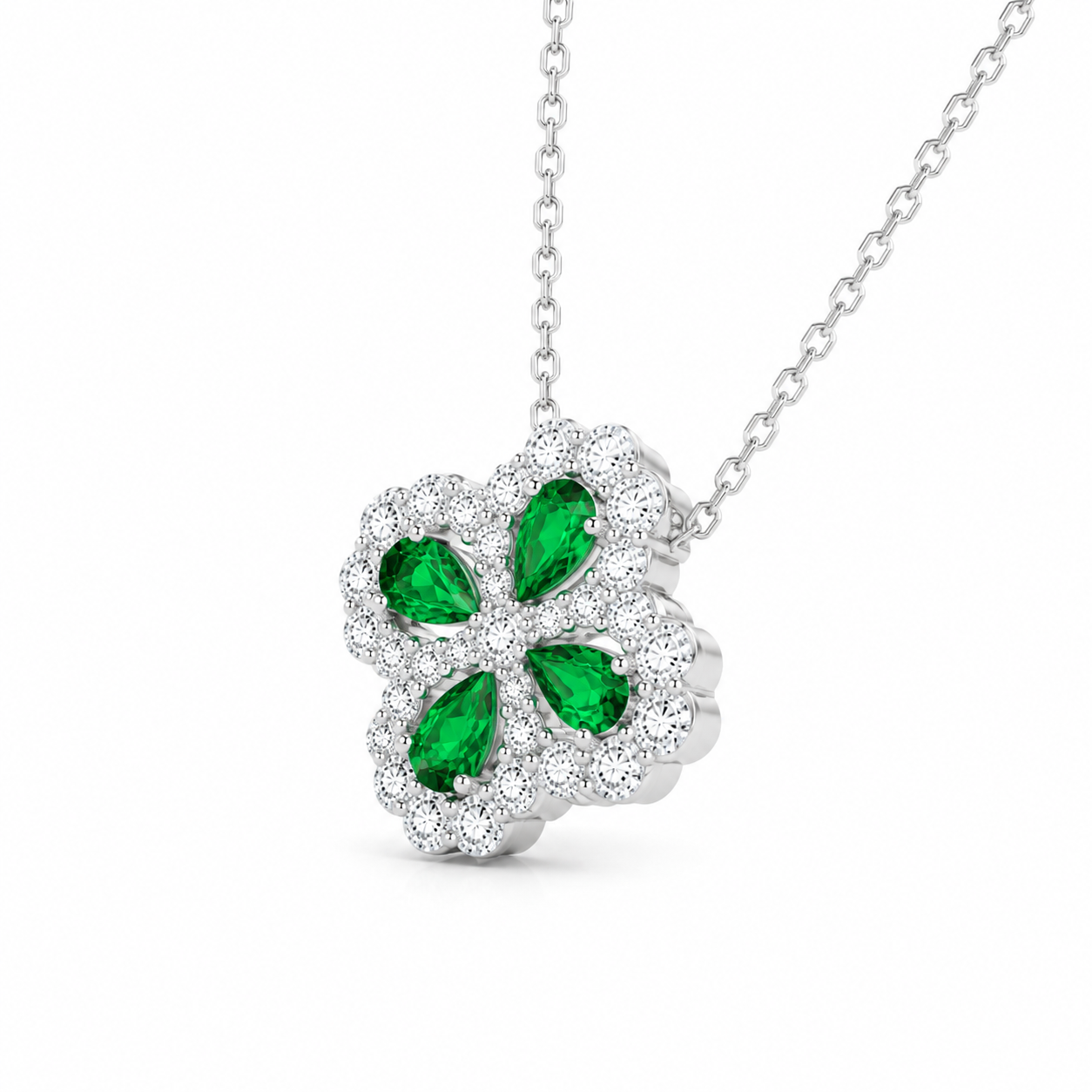 Green Lab-Grown Gemstone Four-Leaf Clover Pendant Necklace, Silver Chain