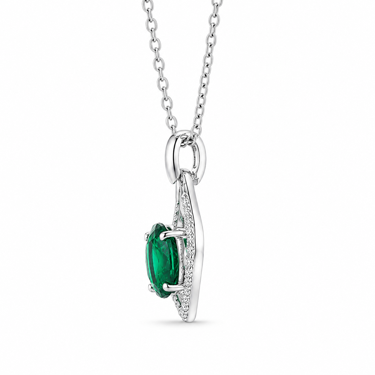 Green Lab-Grown Gemstone Pendant Necklace, Silver Chain