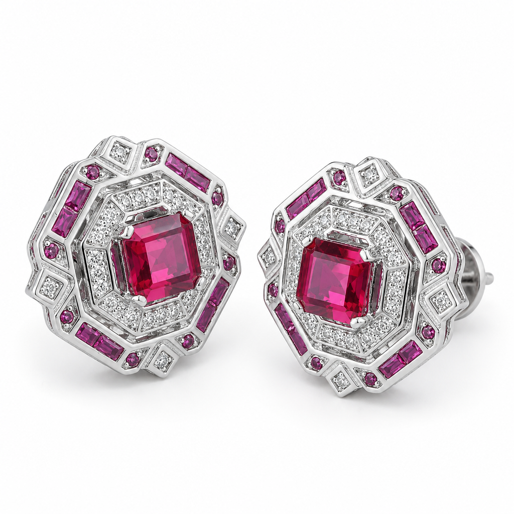 Square Lab-Grown Ruby Stud Earrings, 925 Sterling Silver Band