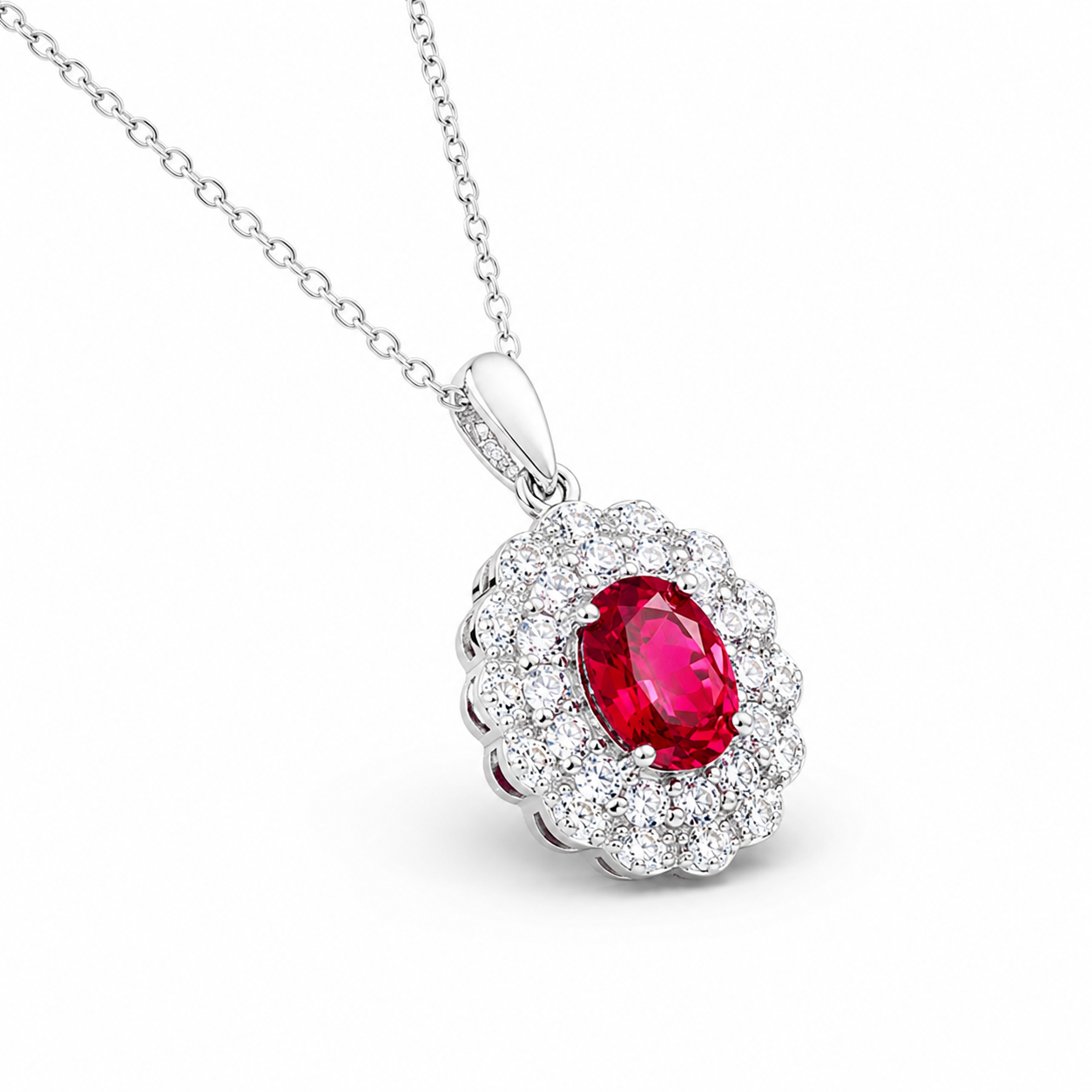 Red Lab-Grown Gemstone Pendant Necklace, Silver Chain