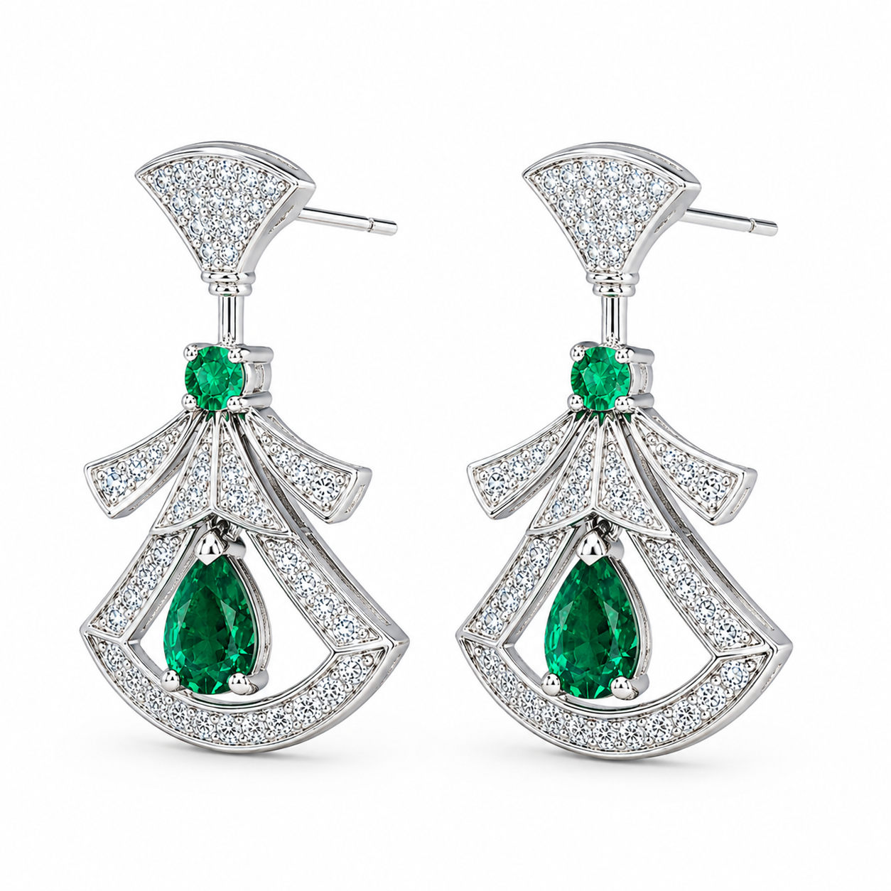 Pear Emerald Drop Earrings, 925 Sterling Silver Band