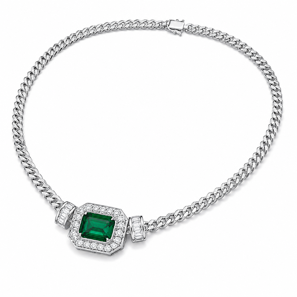 Green Lab-Grown Gemstone Necklace, Silver Chain