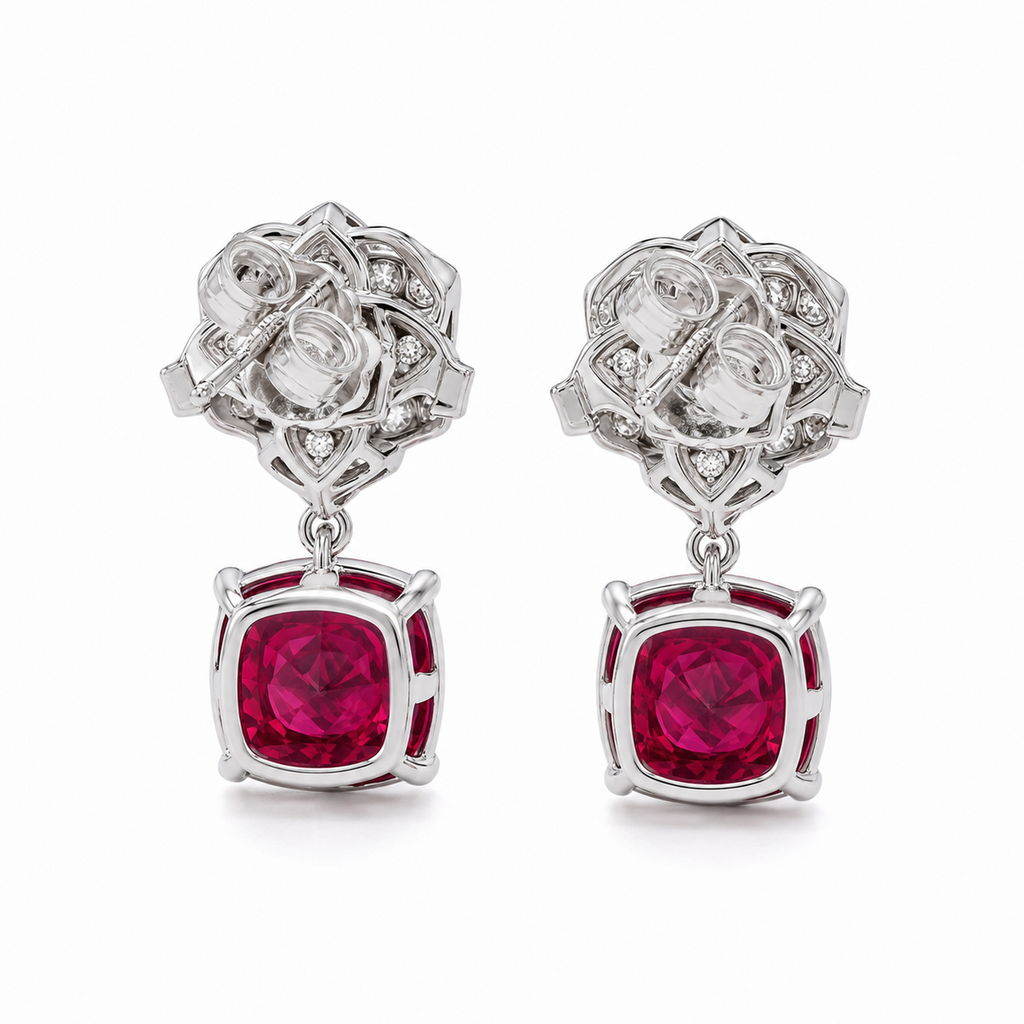 Cushion Ruby Drop Stud Earrings, 925 Sterling Silver Band