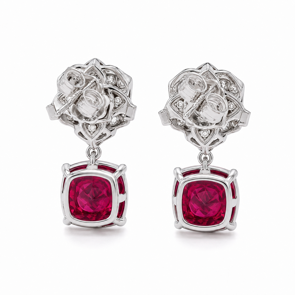 Cushion Ruby Drop Stud Earrings, 925 Sterling Silver Band