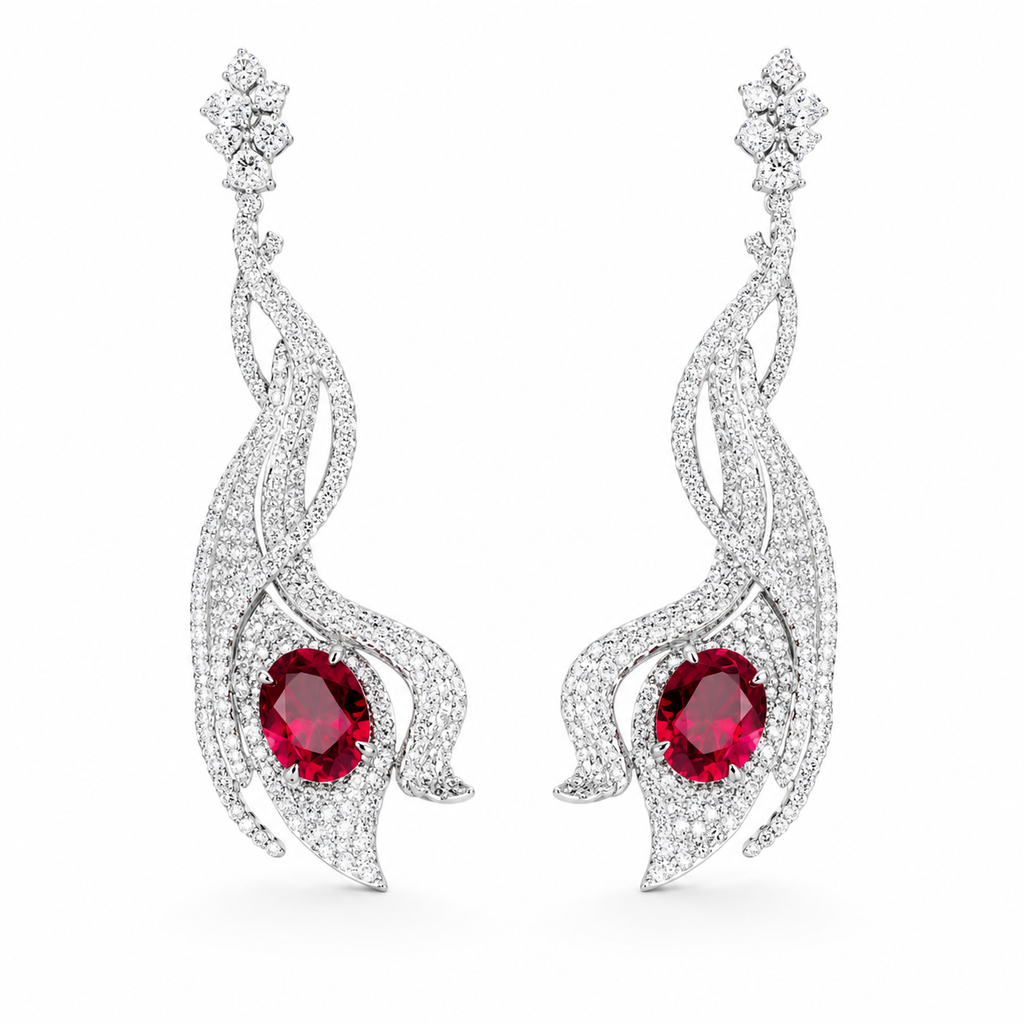 Oval Ruby Long Dangle Earrings, 925 Sterling Silver Band