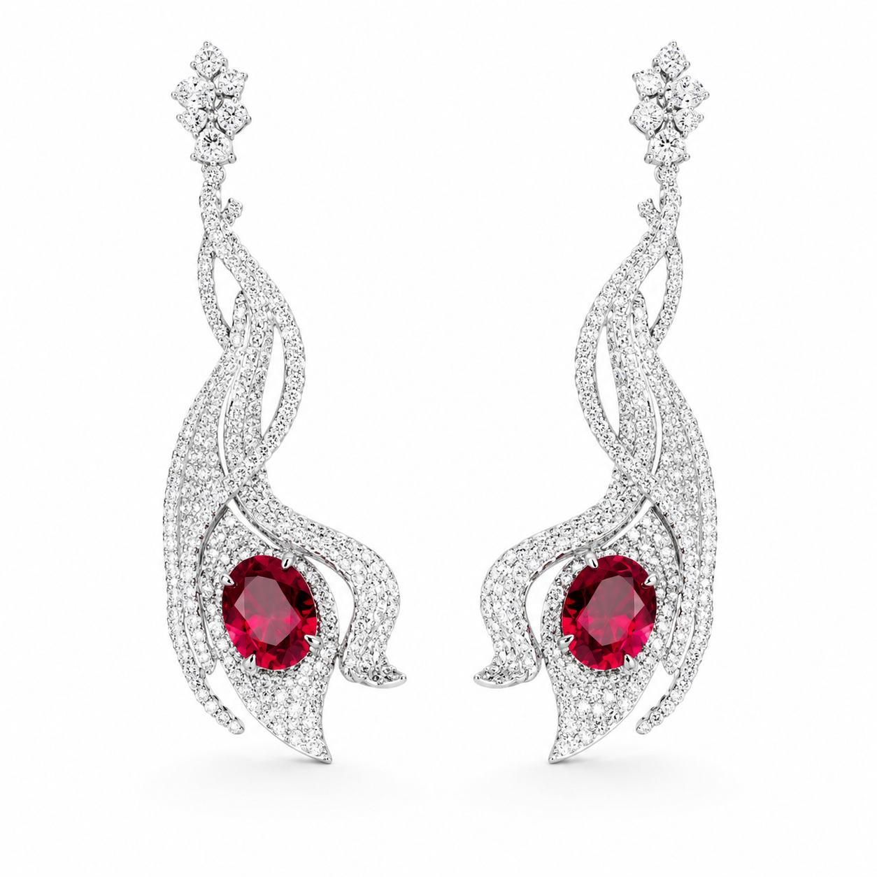 Oval Ruby Long Dangle Earrings, 925 Sterling Silver Band