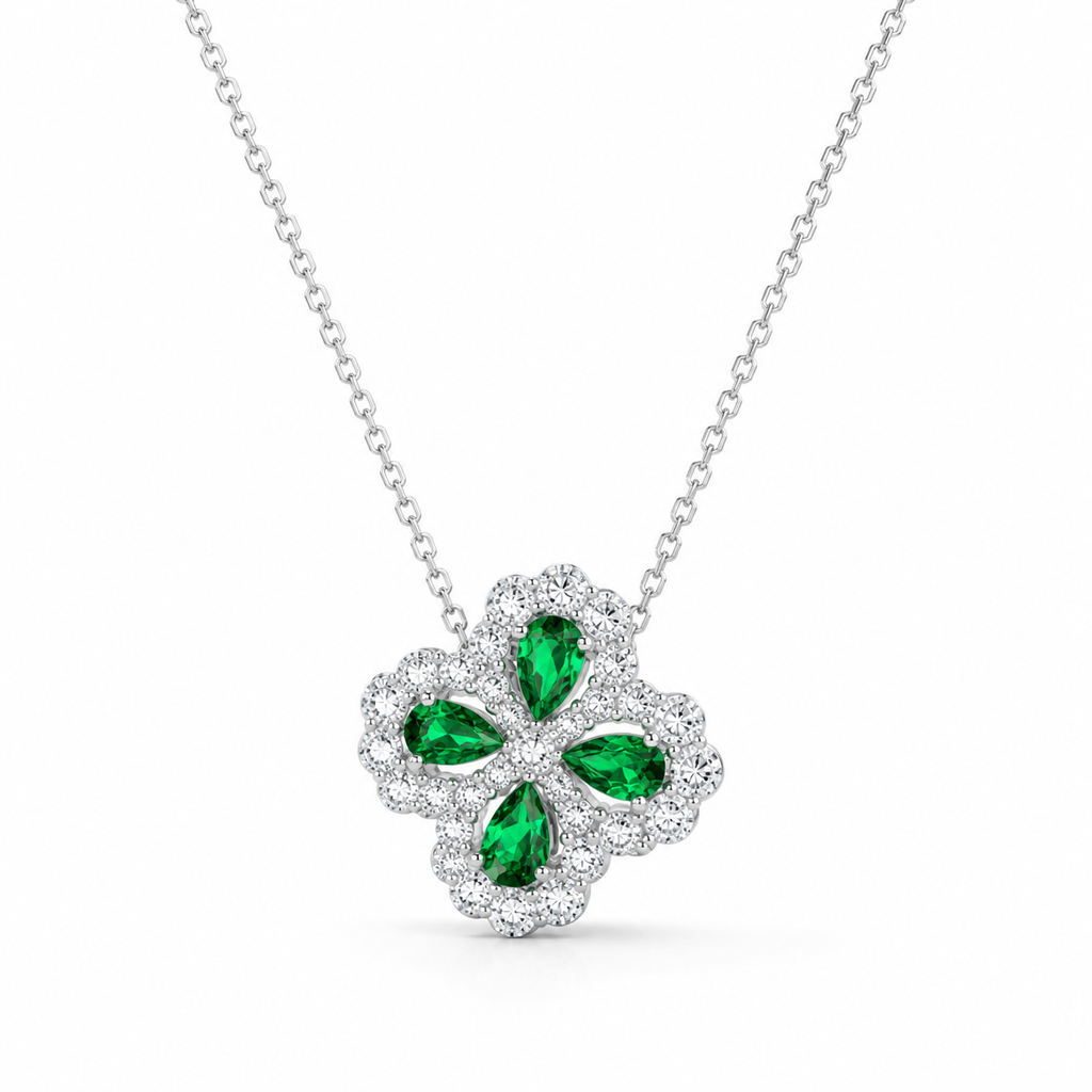 Green Lab-Grown Gemstone Four-Leaf Clover Pendant Necklace, Silver Chain