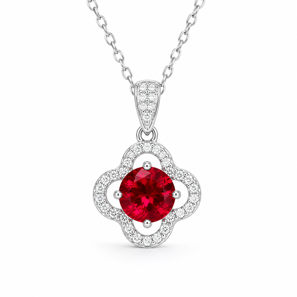 Red Lab-Grown Gemstone Pendant Necklace, Silver Chain