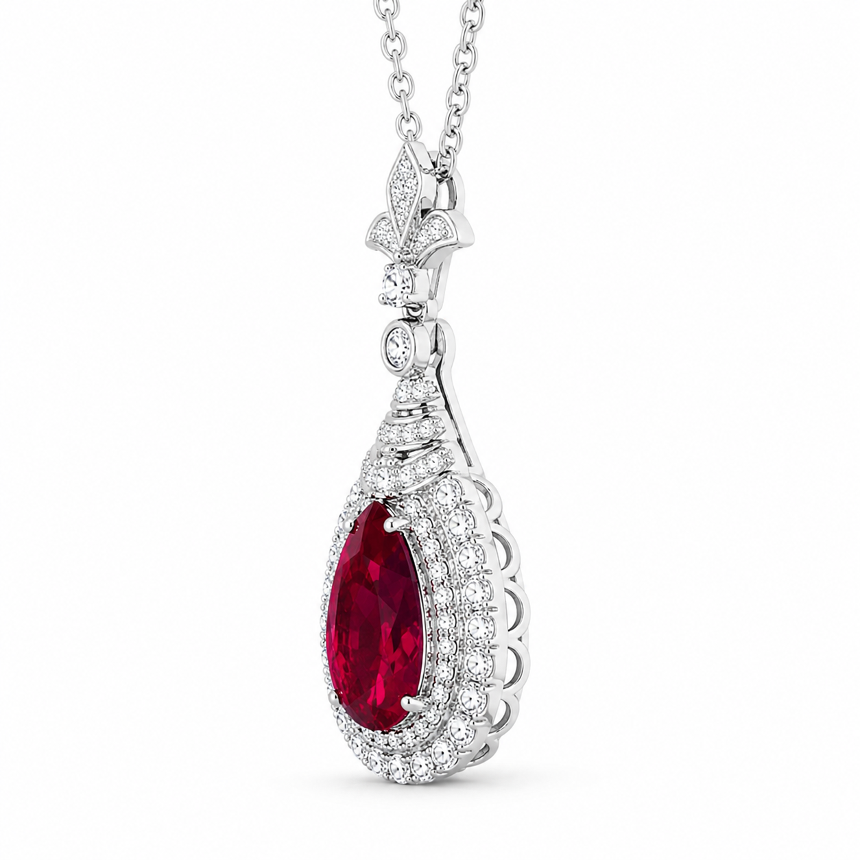 Red Lab-Grown Gemstone Pendant Necklace, Silver Chain