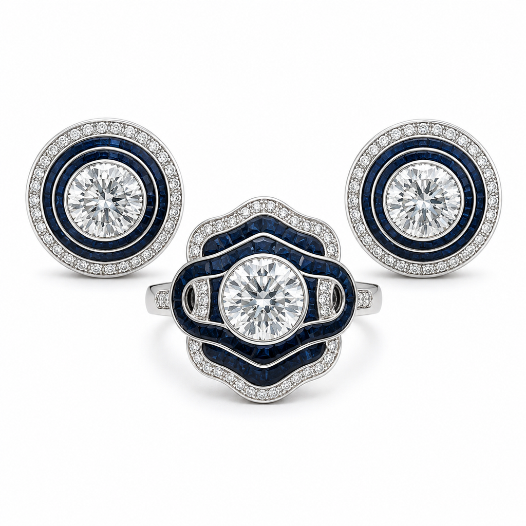 2-Carat Lab-Grown Diamond Jewelry Suite, PT950 Platinum With Dark Blue Enamel