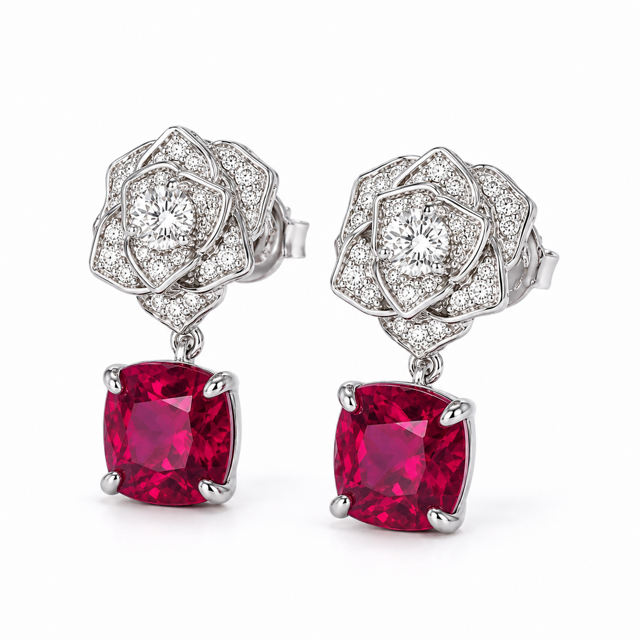 Cushion Ruby Drop Stud Earrings, 925 Sterling Silver Band