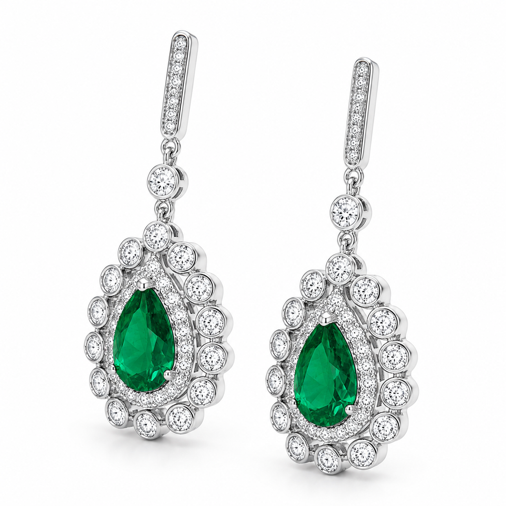 Pear-Shaped Emerald Halo Drop Earrings, 925 Sterling Silver Band