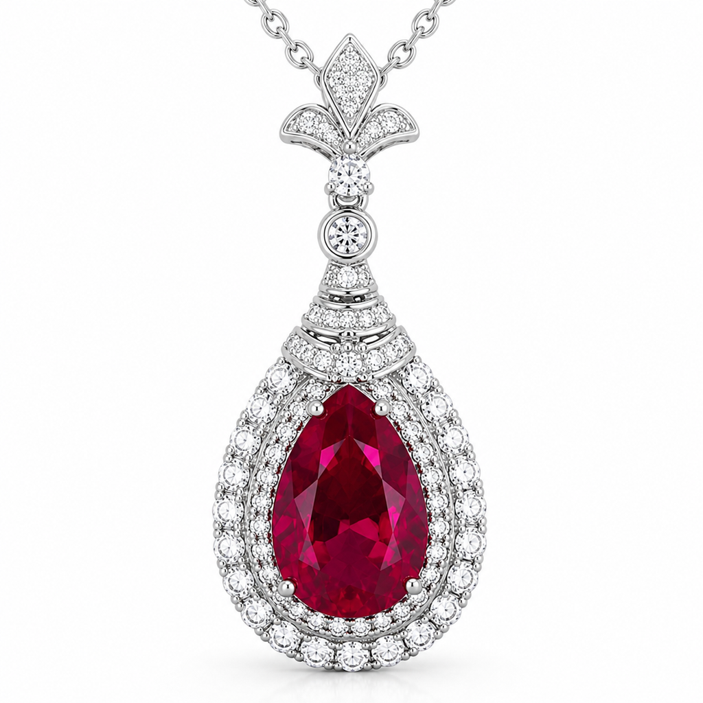 Red Lab-Grown Gemstone Pendant Necklace, Silver Chain