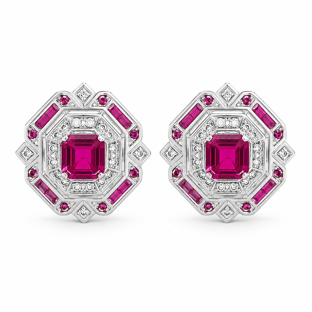 Square Lab-Grown Ruby Stud Earrings, 925 Sterling Silver Band