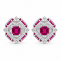 Square Lab-Grown Ruby Stud Earrings, 925 Sterling Silver Band