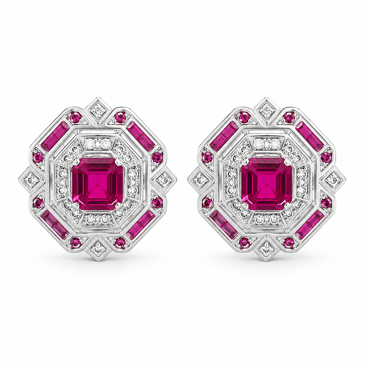 Square Lab-Grown Ruby Stud Earrings, 925 Sterling Silver Band