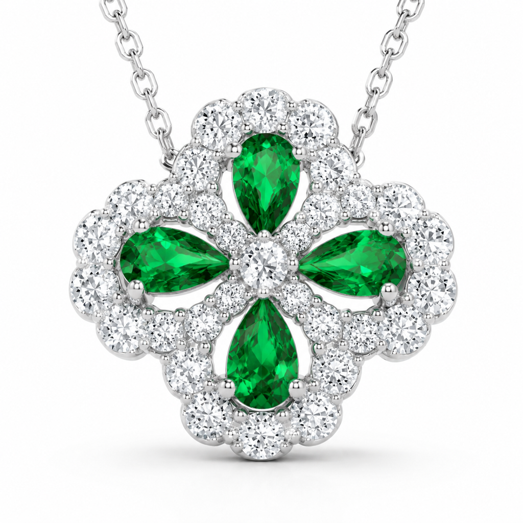 Green Lab-Grown Gemstone Four-Leaf Clover Pendant Necklace, Silver Chain