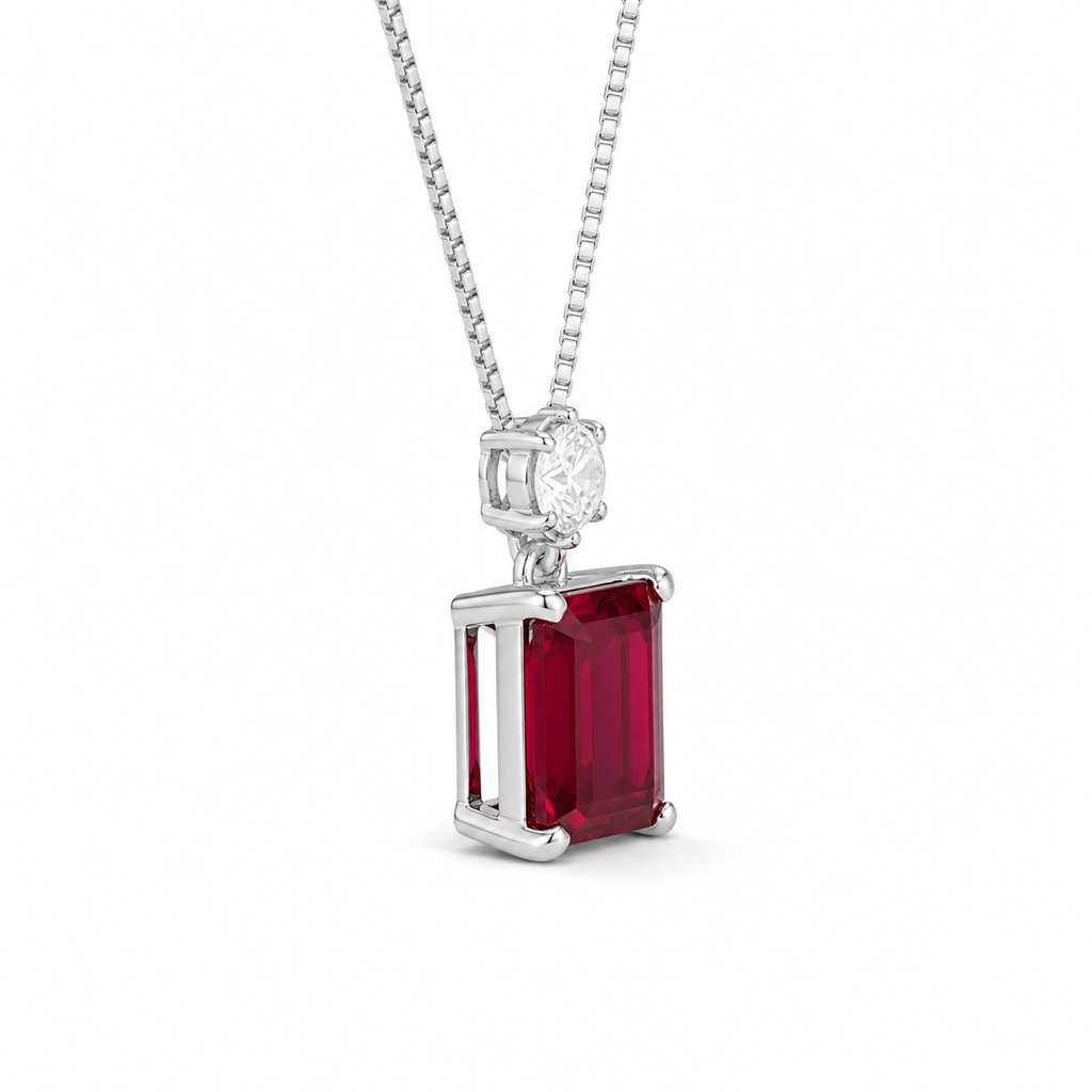 Red Lab-Grown Gemstone Pendant Necklace, Silver Chain