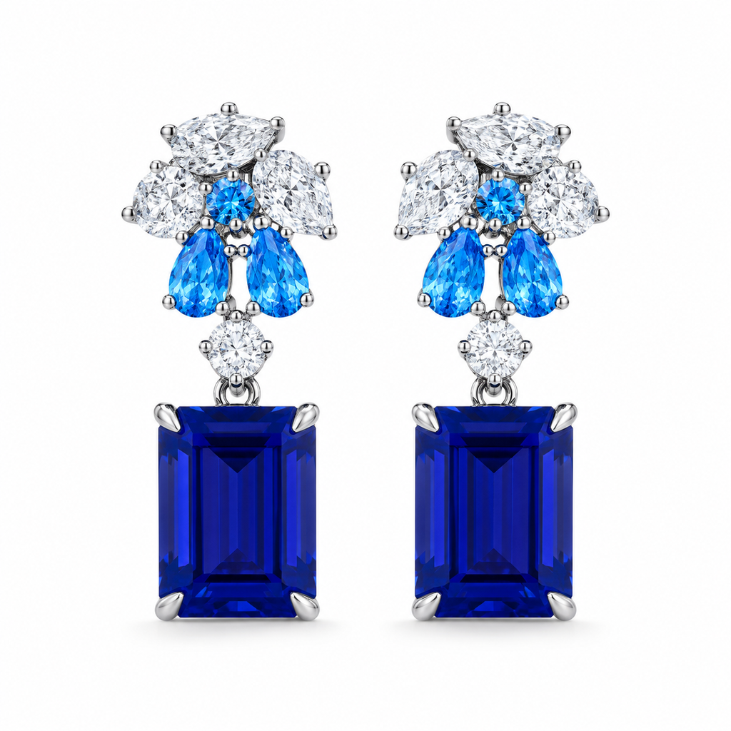 Emerald-Cut Sapphire Drop Earrings, 925 Sterling Silver Band