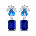 Emerald-Cut Sapphire Drop Earrings, 925 Sterling Silver Band