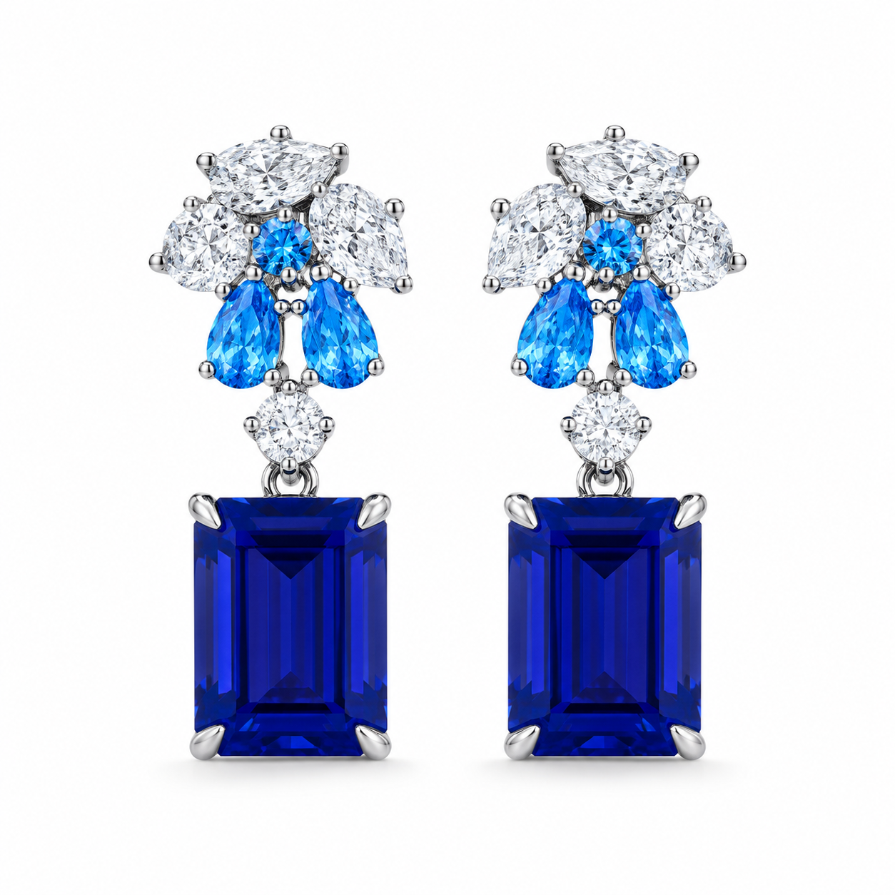 Emerald-Cut Sapphire Drop Earrings, 925 Sterling Silver Band