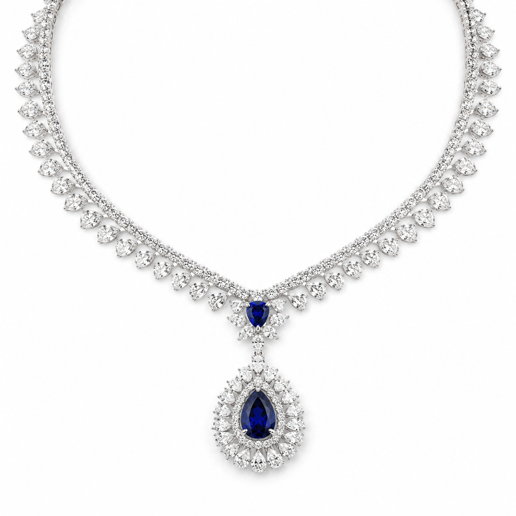 Pear Shape Sapphire Gemstone Jewelry Suite, 925 Sterling Silver