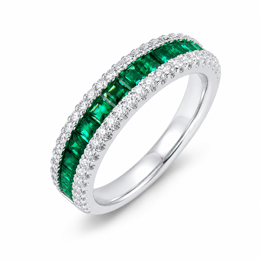 Emerald & Diamond Halo Ring, 925 Sterling Silver Band