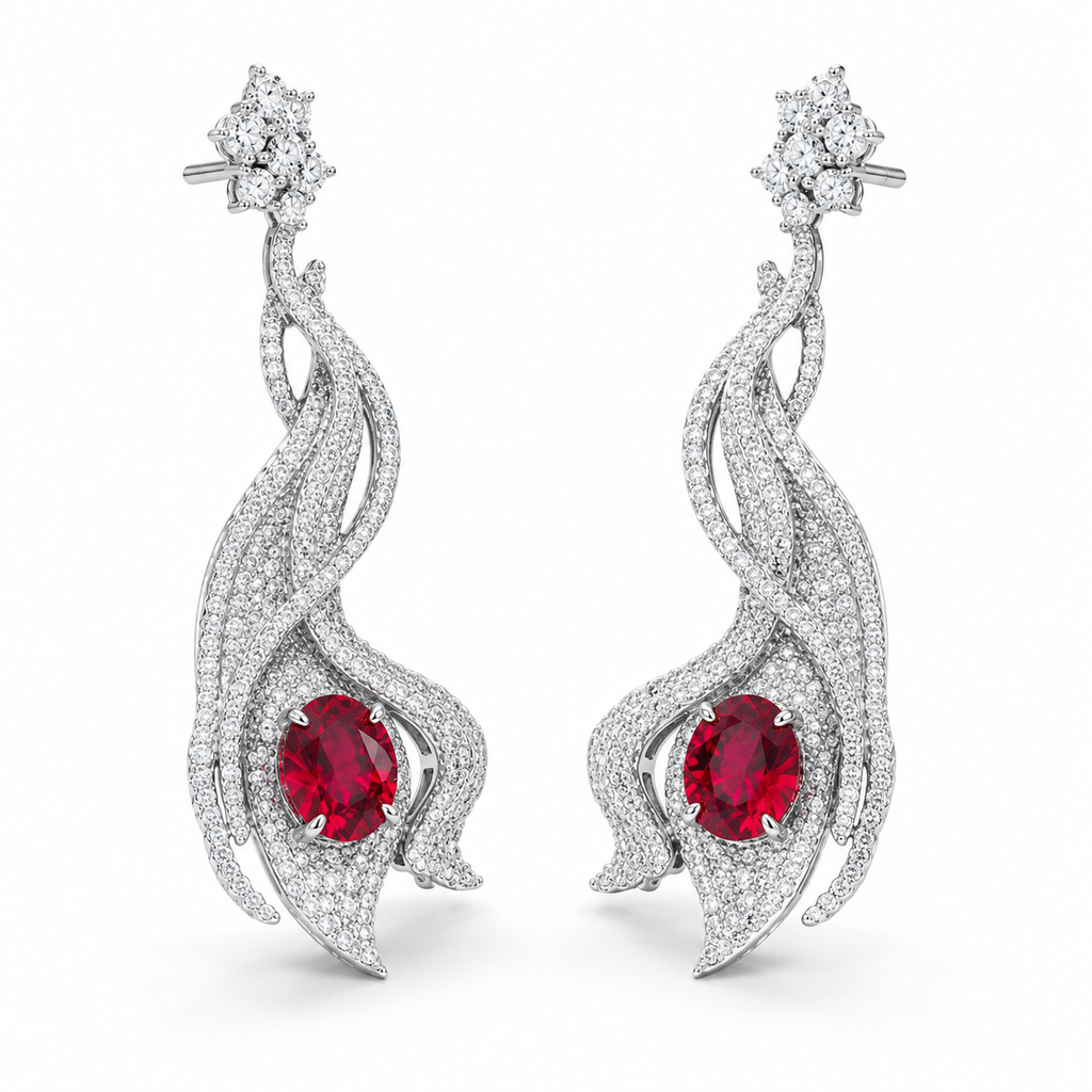 Oval Ruby Long Dangle Earrings, 925 Sterling Silver Band