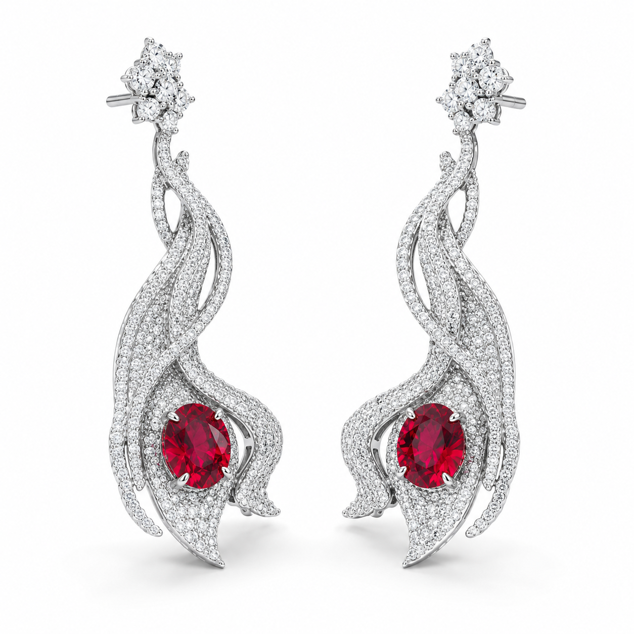 Oval Ruby Long Dangle Earrings, 925 Sterling Silver Band