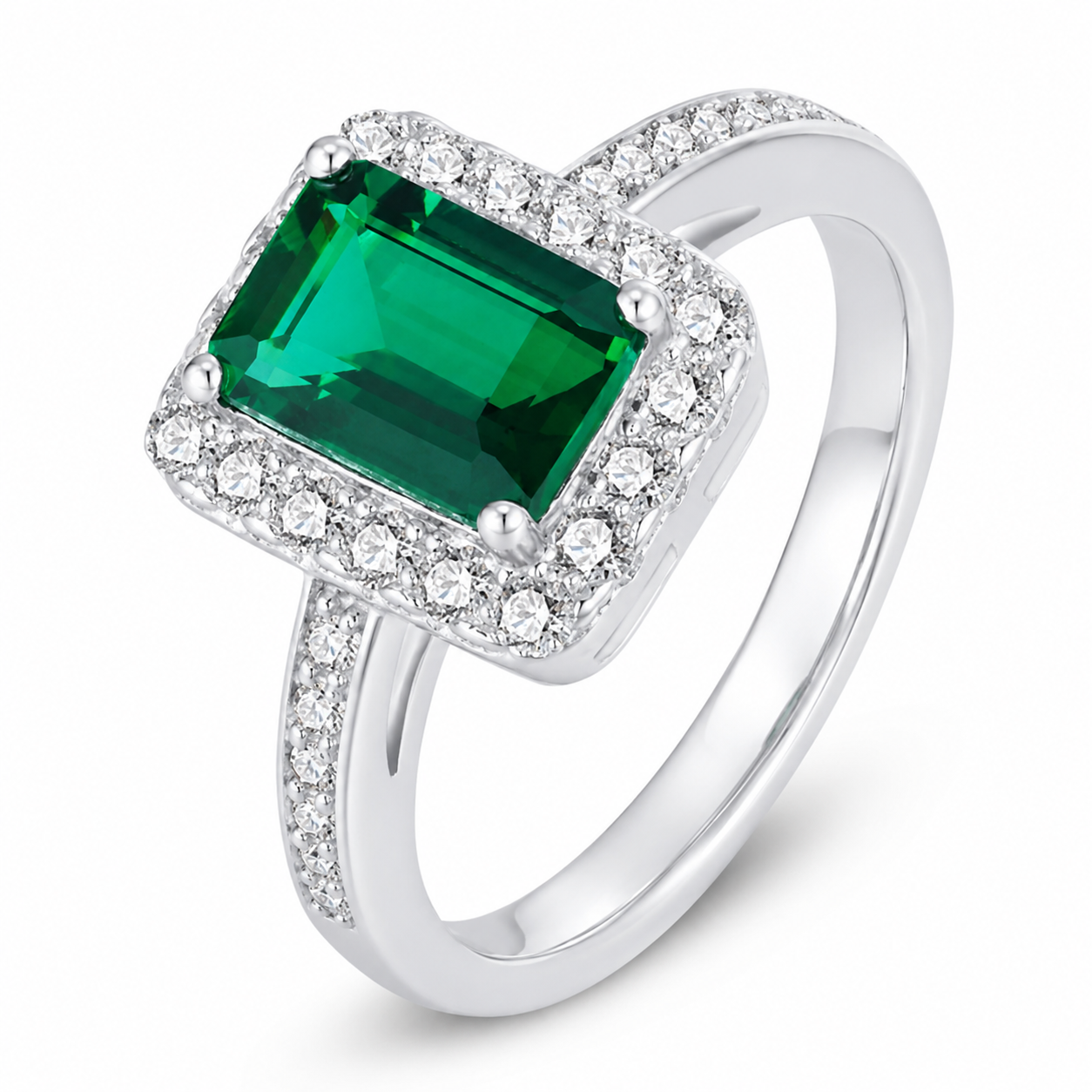 Emerald & Diamond Halo Ring, 925 Sterling Silver Band