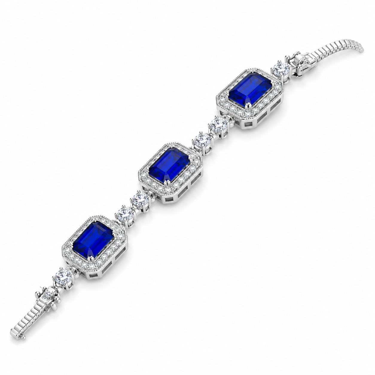 Emerald Cut Sapphire Halo Link Bracelet, 925 Sterling Silver