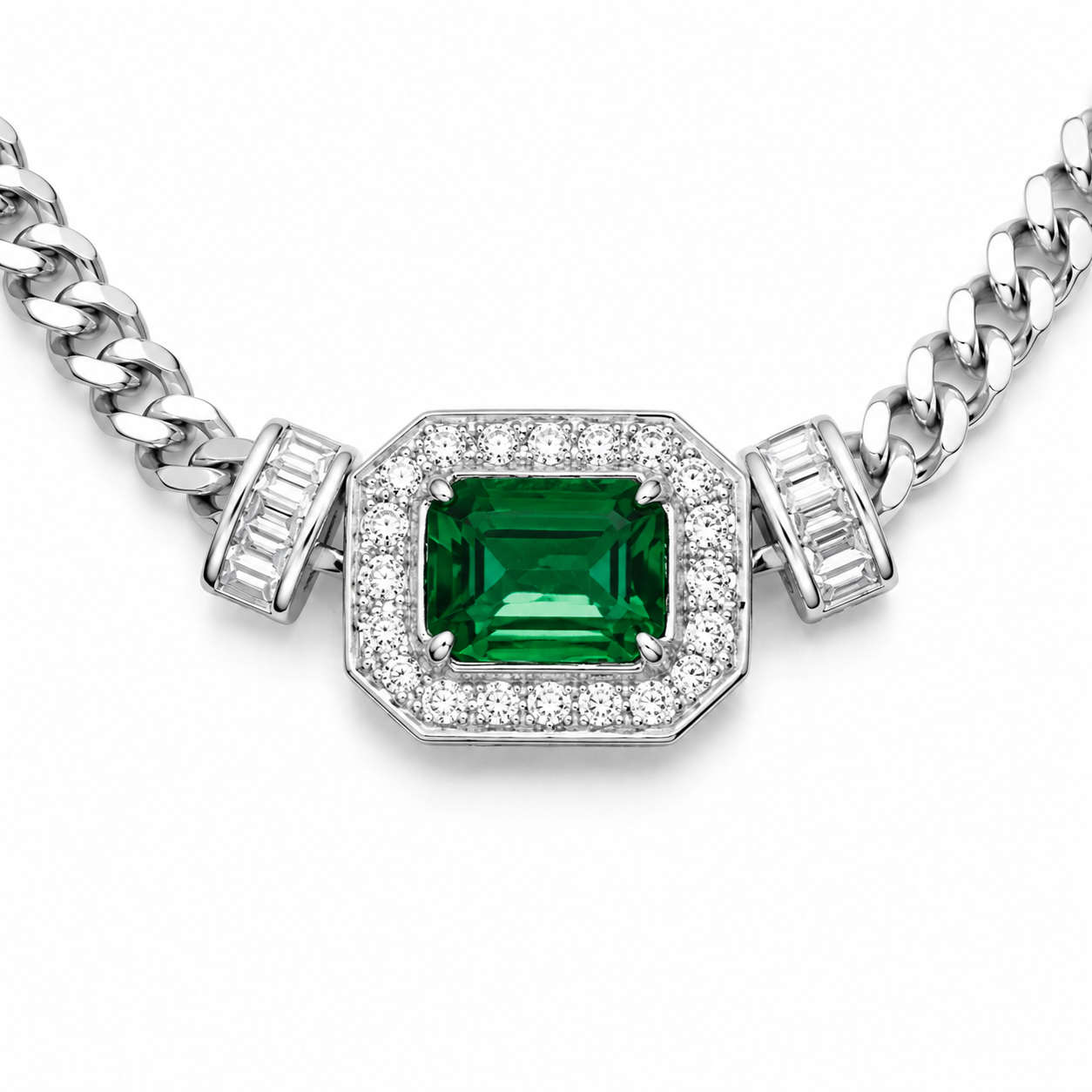 Green Lab-Grown Gemstone Necklace, Silver Chain