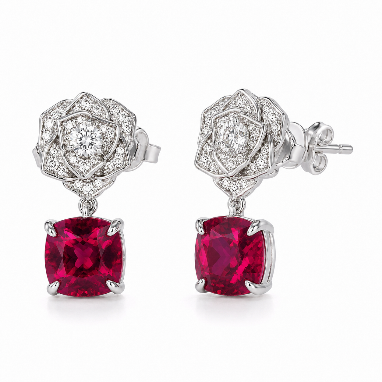 Cushion Ruby Drop Stud Earrings, 925 Sterling Silver Band