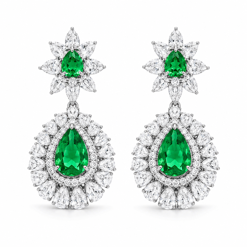 Pear Shape Emerald Gemstone Jewelry Suite, 925 Sterling Silver