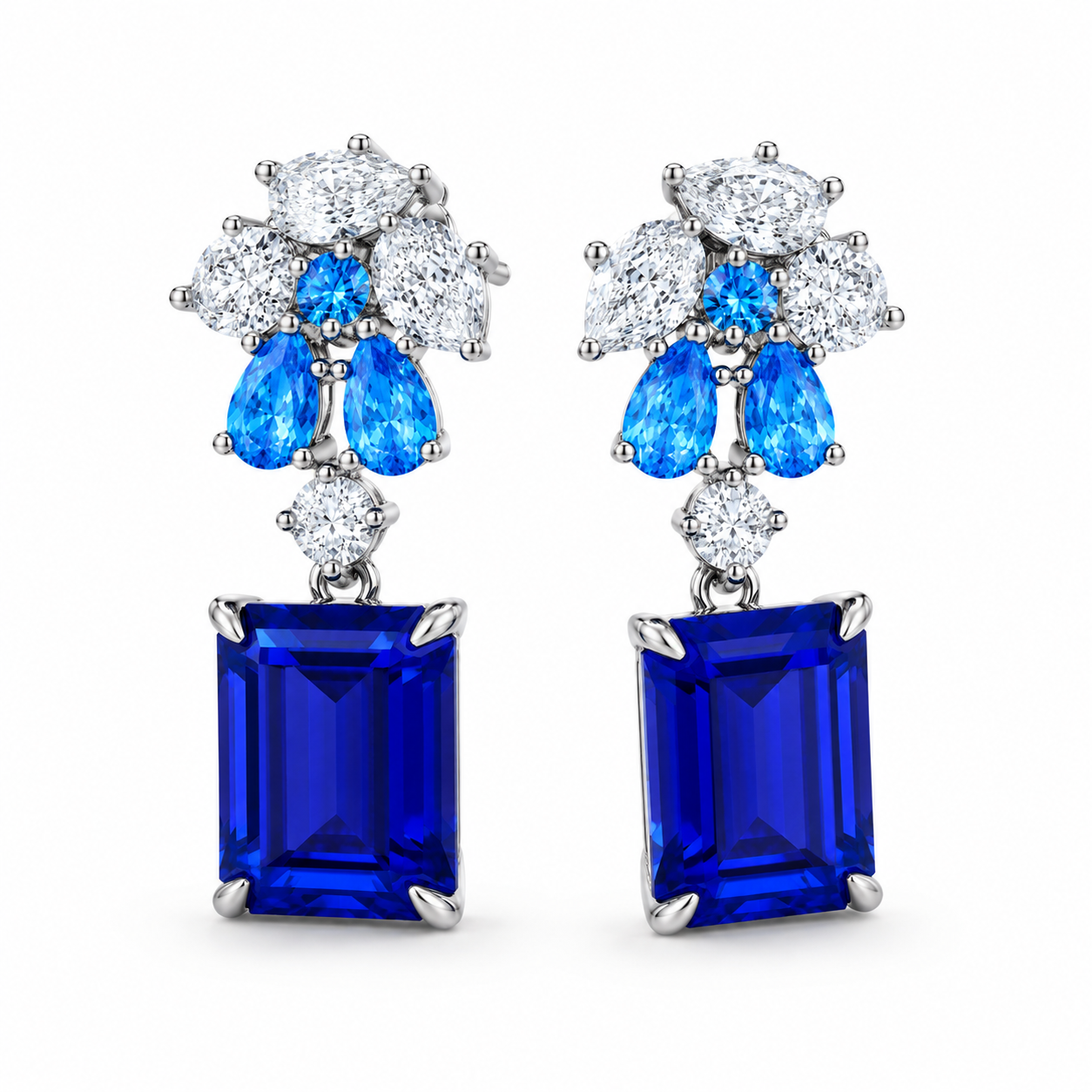 Emerald-Cut Sapphire Drop Earrings, 925 Sterling Silver Band
