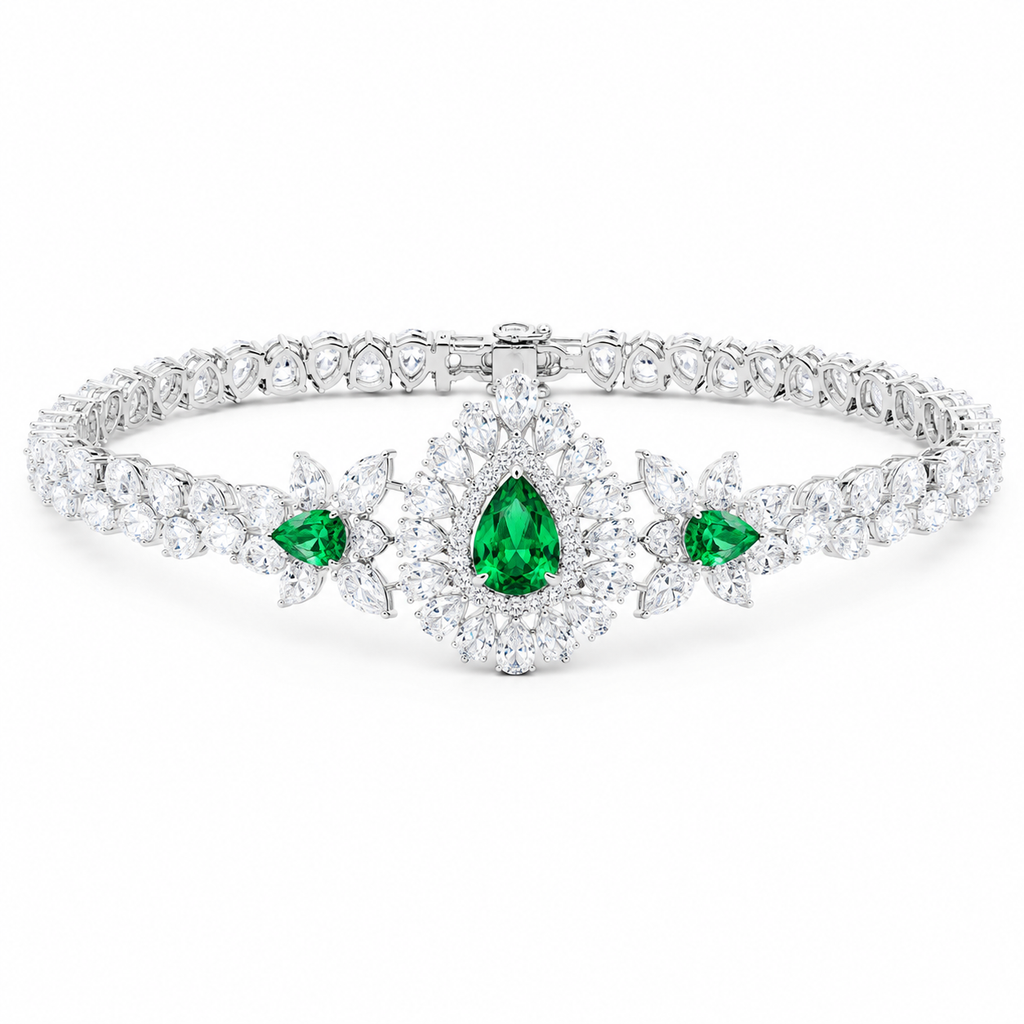 Pear Shape Emerald Gemstone Jewelry Suite, 925 Sterling Silver