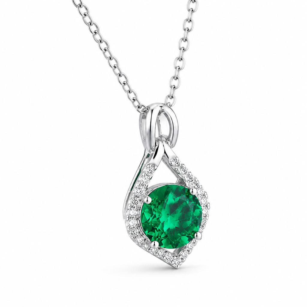 Green Lab-Grown Gemstone Pendant Necklace, Silver Chain