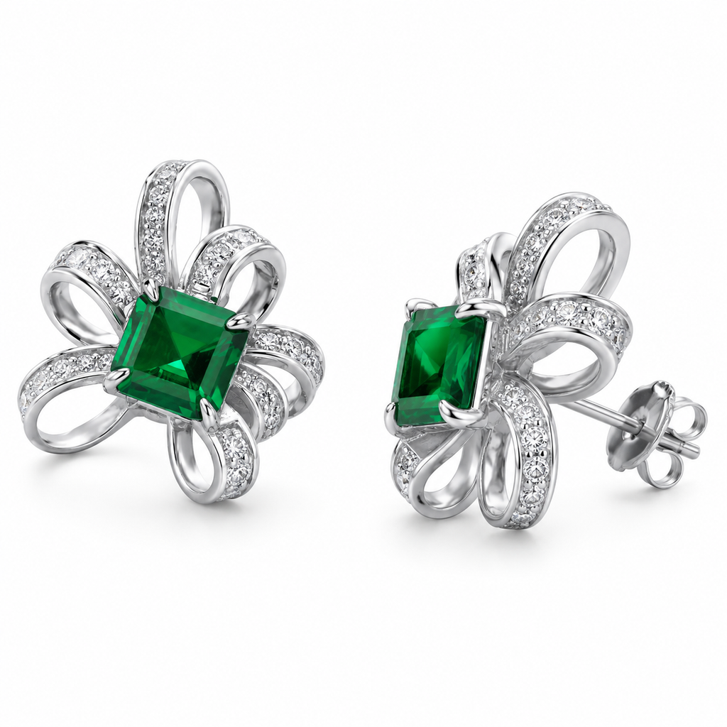 Square Emerald Ribbon Stud Earrings, 925 Sterling Silver Band